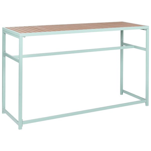 Bartisch mit Metallgestell in Mintgrün und Tischplatte in Holzoptik.