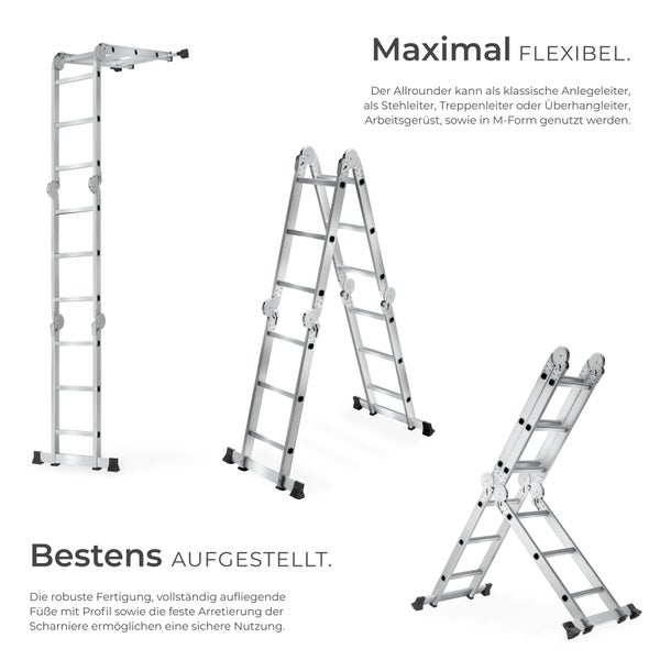 Aluminium Mehrzweckleiter in verschiedenen Positionen: als Überhangleiter, Stehleiter und Treppenleiter mit stabilen Gelenken und rutschfesten Füßen.