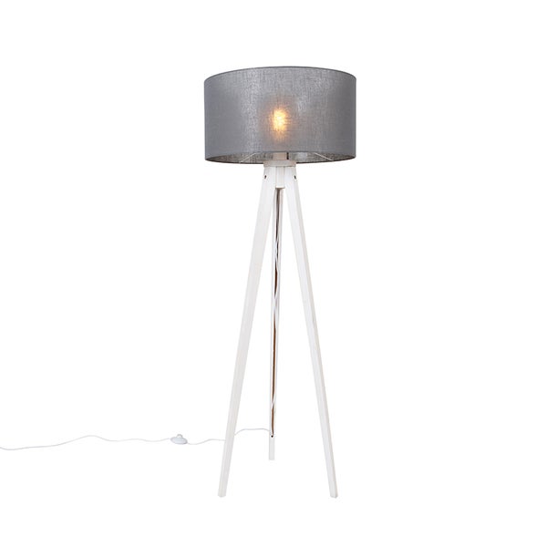 QAZQA - Modern Modernes Stehlampenstativ weiß mit grauem Schirm 50 cm - Tripod I Dreifuß Lampe I Dreifuss Classic I Wohnzimmer I Schlafzimmer - Holz Rund - LED geeignet E27