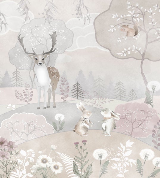 Tapete mit Waldmotiv, Reh, Eichhörnchen und Hasen im Wald
