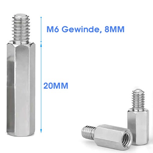 Sechskant-Abstandsbolzen aus Metall mit M6 Gewinde, 8 Millimeter Gewindelänge und 20 Millimeter Körperlänge.