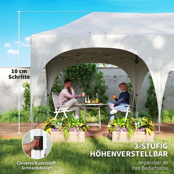 Weißer Pavillon im Garten mit 3-stufiger Höhenverstellung in 10 Zentimeter Schritten und Kunststoff-Schnappverschluss.