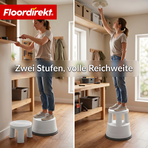 Floordirekt Logo. Weißer zweistufiger Rollhocker im Einsatz in einer Werkstatt zum Erreichen von Regalen und zum Wechseln einer Glühbirne.
