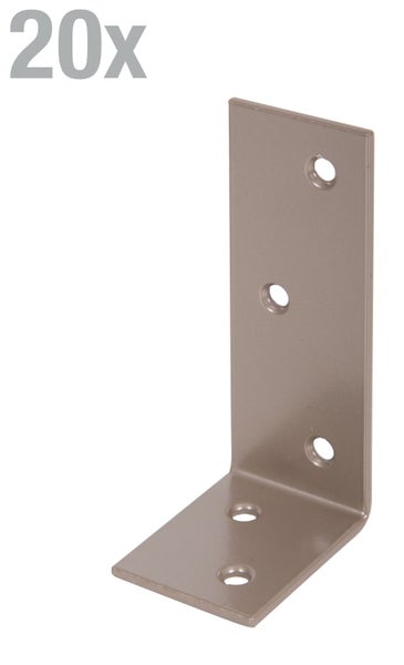 Set von zwanzig Metall Eckverbindern mit Bohrungen fuer die Winkelbefestigung.