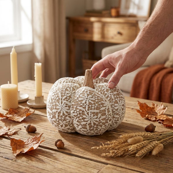 Dekorativer Kürbis mit Spitzenmuster auf einem Holztisch mit Kerzen und Herbstlaub arrangiert