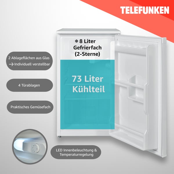 Telefunken Kühlschrank mit 2-Sterne Gefrierfach Freistehend 81 Liter Kühlschrank klein CF-32-152-W weiß