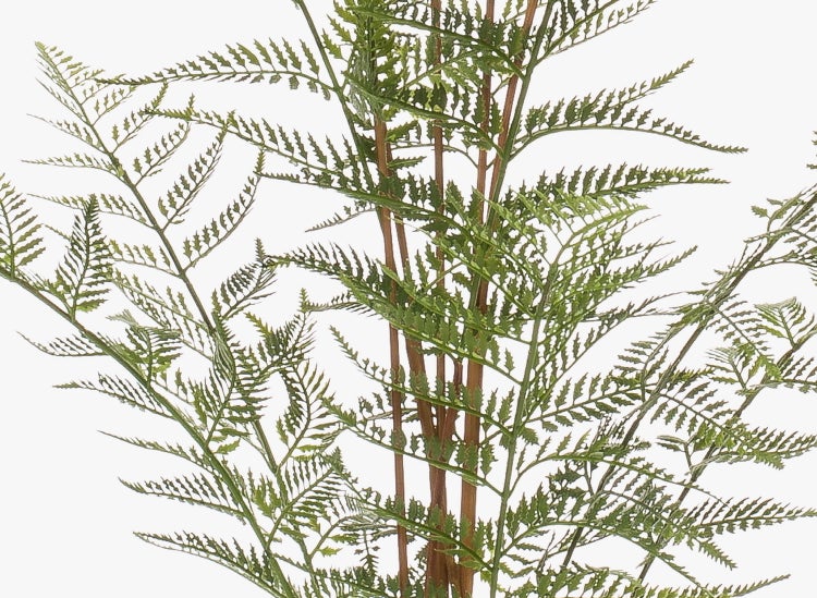 Künstliche Pflanze in einem schwarzen Kunststofftopf mit braunen Stielen und dekorativen Fasern.