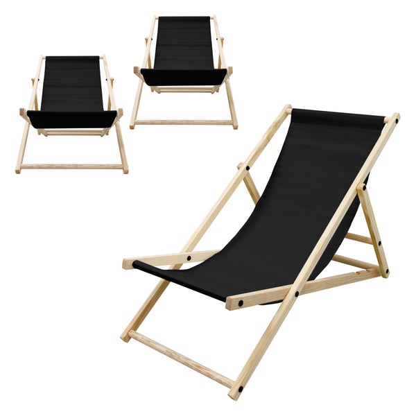 ECD Germany 3er Set Liegestuhl klappbar, Schwarz, Holz, verstellbare Rückenlehne, 3 Positionen, bis 120 kg, Sonnenliege Gartenliege Strandliege Strandstuhl Holzklappstuhl, für Garten, Balkon & Strand