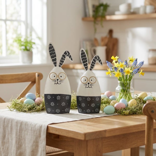 Zwei Osterhasen Figuren aus Metall mit Brillenmuster auf einem Holztisch mit Frühlingsblumen und Ostereiern als festliche Tischdekoration.