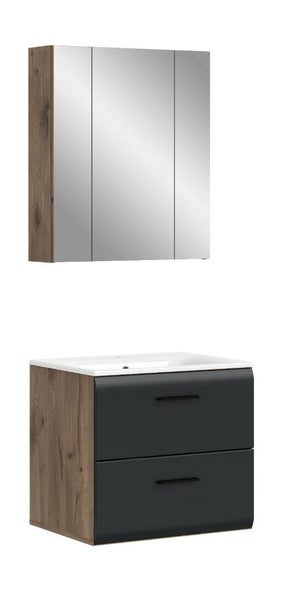 Badmöbel-Set mit dreitürigem Spiegelschrank in Holzoptik und Waschtischunterschrank mit zwei anthrazitfarbenen Schubladen und weißem Waschbecken.