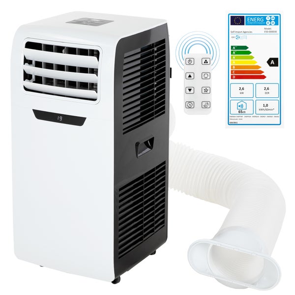ECD Germany Mobile Klimaanlage 4in1, Luftkühler 9000 BTU 2,6kW, leise, 3 Stufen, Timer, für Räume bis 37m², Klimagerät mit Abluftschlauch, Ventilator mit Fernbedienung/LED-Display, Kühler/Entfeuchter