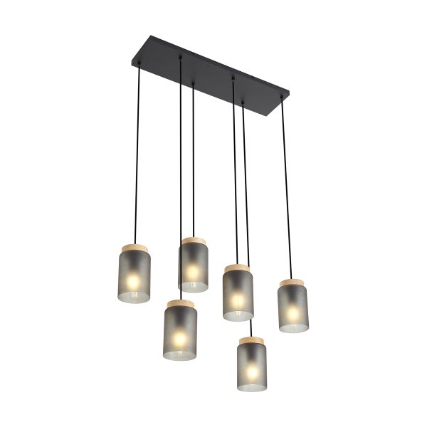 Sechsflammige Pendelleuchte mit rauchfarbenen Glaszylindern, Holzdetails und rechteckiger schwarzer Deckenhalterung.
