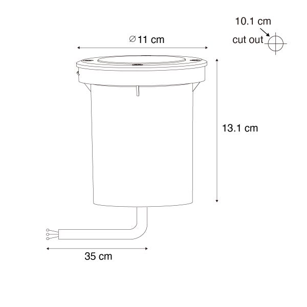 Maßzeichnung einer Bodeneinbauleuchte: Durchmesser 11 Zentimeter, Höhe 13,1 Zentimeter, Ausschnitt 10,1 Zentimeter, Kabellänge 35 Zentimeter.