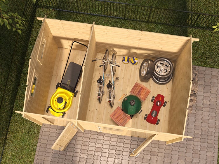 Draufsicht auf ein zweigeteiltes Gartenhaus aus Holz mit Stauraum für Rasenmäher, Fahrräder, Grill, Autoreifen und Spielzeug.