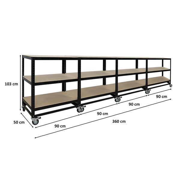 PROREGAL Mega Deal 4x Kommissionierwagen BÜFFEL Fahrbares Kommissionierregal 100x90x50cm 3 Ebenen Fachlast 50kg 2X Lenkrollen & 2X Lenkrollen mit Feststellbremse Schwarz