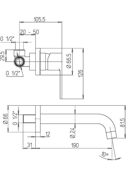 Technische Zeichnung einer Armatur mit Maßangaben