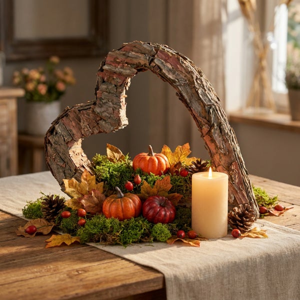 Herbstliche Tischdekoration mit einem Herz aus Baumrinde, kleinen künstlichen Kürbissen, Moos, Herbstblättern, Zapfen und einer Stumpenkerze.