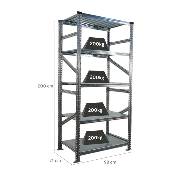 Metallregal mit vier Regalböden, Abmessungen 200 x 98 x 71 cm, Traglast 200 kg pro Boden