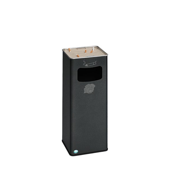 Eckiger Standascher mit integriertem Abfalleimer aus Metall, obenliegende Sandschale für Zigarettenreste.