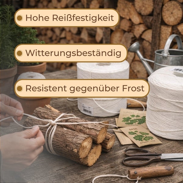 Gartenszene mit Bindfaden, Pflanzen und Gartenzubehör. Der Bindfaden ist reißfest, witterungsbeständig und frostresistent.