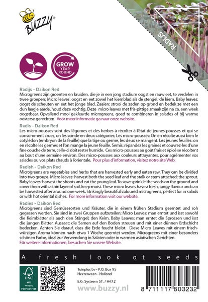 Buzzy Radieschen Daikon Red Verpackung mit Informationen zu Microgreens Anbau