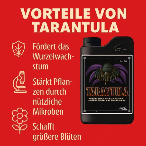Vorteile von Tarantula: Fördert Wurzelwachstum, stärkt Pflanzen durch nützliche Mikroben und sorgt für größere Blüten.