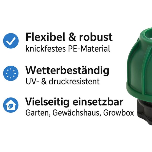 Eigenschaften: Knickfestes Polyethylen-Material, wetterbeständig, ultraviolett- und druckresistent, geeignet für Garten, Gewächshaus und Growbox.