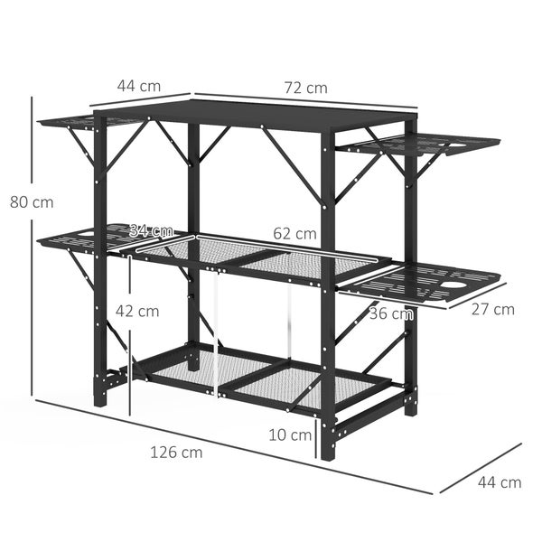Outsunny Campingtisch Faltbar, Camping-Küchentisch mit 2 Ablagen, 126L x 44B x 80H cm, Metall, Schwarz