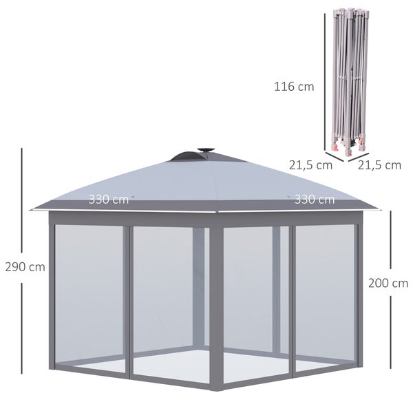 Outsunny Pavillon  3,3 x 3,3 m Faltpavillon mit LED, USB-Ladeanschluss Pop-Up-Pavillon mit Mesh-Seitenwände Gartenpavillon mit Sonnenschutz inkl. Tasche Oxford Grau