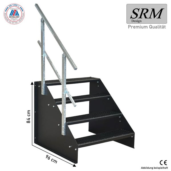 Stahltreppe mit 4 Gitterroststufen und einseitigem Handlauf, Höhe 84 Zentimeter, Tiefe 96 Zentimeter, SRM Design Logo.