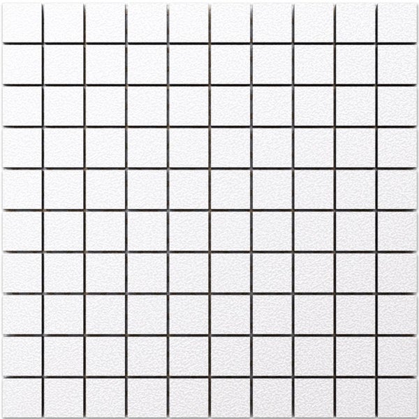 Quadratisches Mosaik weiß aus Feinsteinzeug mit strukturierter Oberfläche.