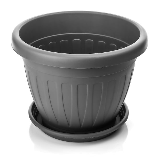 BigDean 6x Blumentopf mit Untersetzer rund ø50xH38 cm anthrazit - wetterfester Pflanzkübel - Wasserablauf UV-beständig aus bruchsicherem Kunststoff - Innen + Außen geeignet - Made in Europe