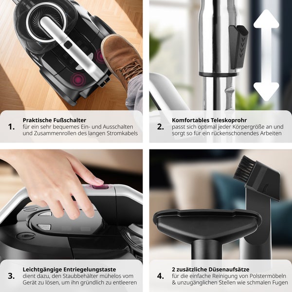Produktabbildung eines Staubsaugers mit Details zu Fußschalter, Teleskoprohr, Entriegelungstaste und Düsenaufsätzen