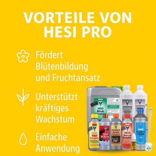 Vorteile von Hesi Pro Flüssigdüngern: Fördert Blütenbildung und Fruchtansatz, unterstützt kräftiges Wachstum und ist einfach in der Anwendung.