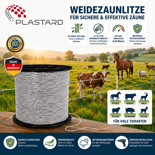 Plastard Weidezaunlitze auf Spule mit technischen Details und Informationen zur Eignung für verschiedene Tierarten auf einer Weide.