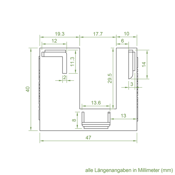 Technische Zeichnung mit Maßangaben in Millimetern für ein Bauteil zur Montage.