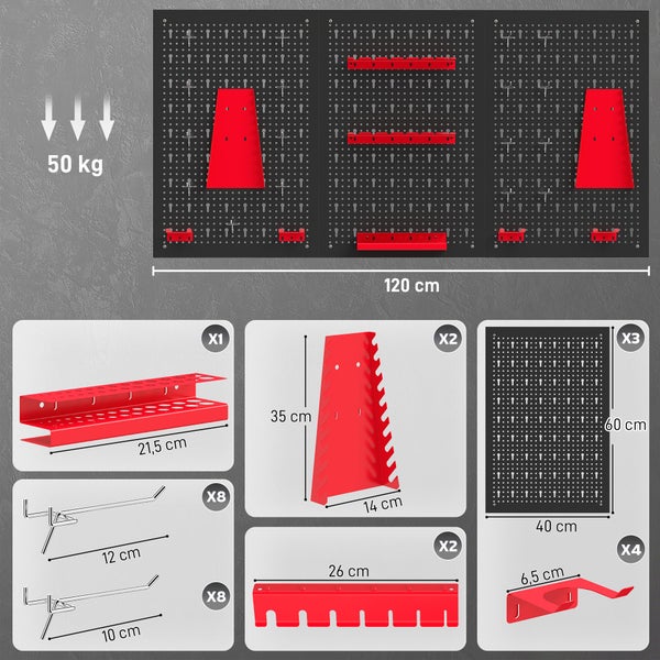 Werkzeuglochwand Set 120 Zentimeter breit, Traglast 50 Kilogramm, mit drei Paneelen 40 mal 60 Zentimeter sowie Werkzeughaltern und Haken.