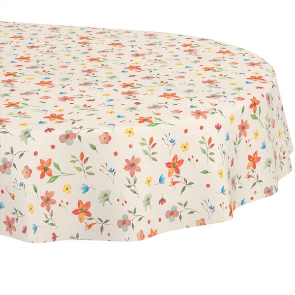 Ovale Tischdecke mit floralem Muster aus verschiedenen Blüten und Blättern.