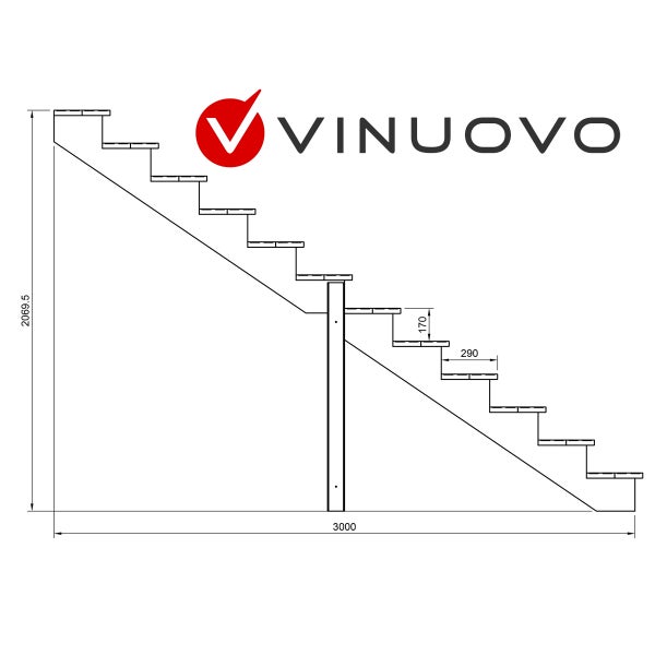Technische Zeichnung einer Treppe mit Maßen und Vinuovo Logo