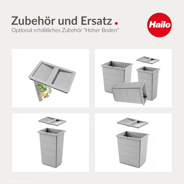 Hailo Logo, Zubehör und Ersatzteile für Abfallsammler mit verschiedenen Kunststoffeimern und Deckeln für das System Hoher Boden.