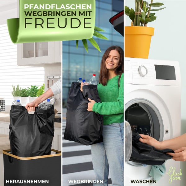 Glückstoff® Pfandflaschen Sammelbehälter [INKL. TRAGETASCHE] - Flaschensammler Leergut - PET Flaschen Pfandbehälter - Flaschensammler - Pfandflaschen Aufbewahrung - Pfandbehälter Einwurf - 100 Liter