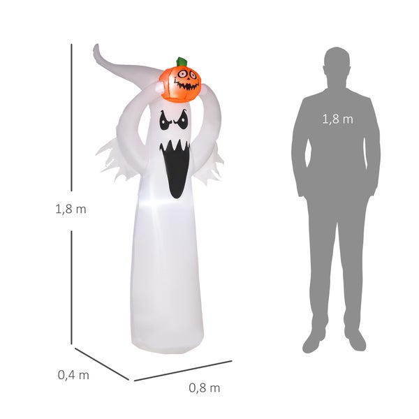 HOMCOM Halloween aufblasbares Gespenst, 1,8 m Dekoration mit LEDs, 80 x 40 x 180 cm, Polyester, Weiß + Orange