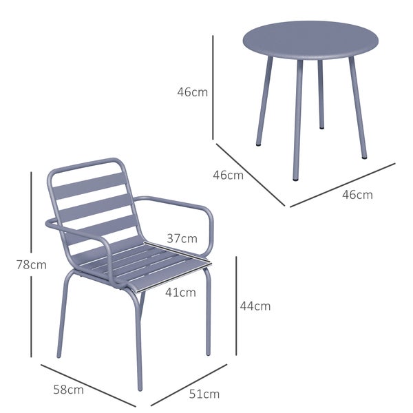 Outsunny 3tlg. Gartenmöbel-Set, mit 1 Couchtisch, 2 Stapelbaren Stühlen, für Balkon, Terrasse, 51L x 58B x 78H cm, Stahl, Hellgrau