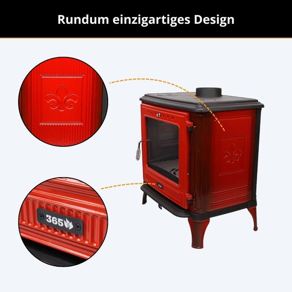 Kaminofen in Rot mit Details zum Design, zur Lilien-Prägung an der Seitenwand und zum Modellnamen.