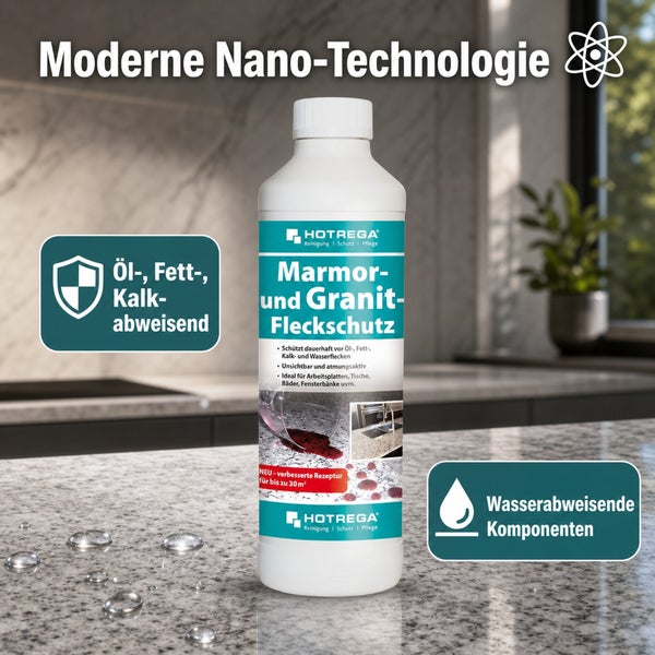Hotrega Marmor- und Granit-Fleckschutz mit Nano-Technologie zur wasser- und fettabweisenden Versiegelung von Naturstein-Oberflächen.
