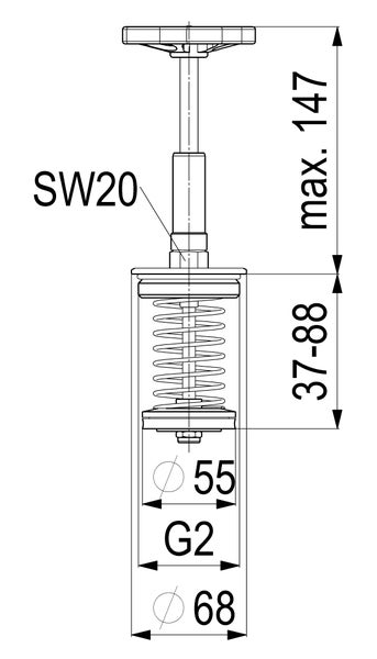 Maßzeichnung einer Ablaufgarnitur mit Feder und Handrad, zeigt Maße in Millimetern, Gewindegröße G2 und Schlüsselweite 20.