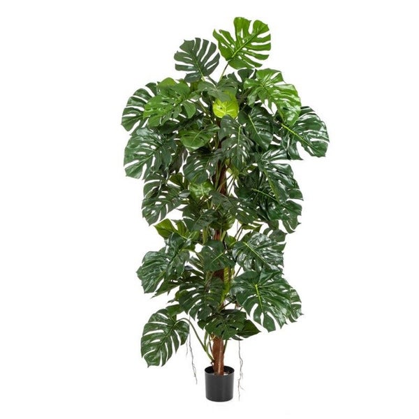 Künstliche Monstera-Pflanze in einem schwarzen Topf mit detailgetreuen grünen Blättern und charakteristischen Schlitzen.