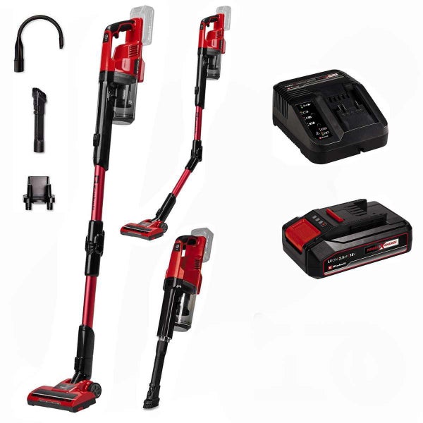 Einhell Akku-Stielsauger mit Knickgelenk, Akku, Ladegerät, Wandhalterung und verschiedenen Aufsätzen.