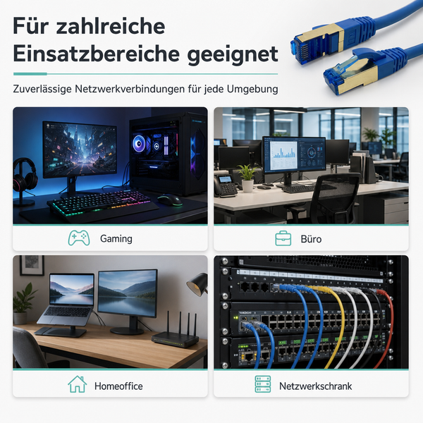 Anwendungsbeispiele für Netzwerkkabel in den Bereichen Gaming, Büro, Homeoffice und im Netzwerkschrank.