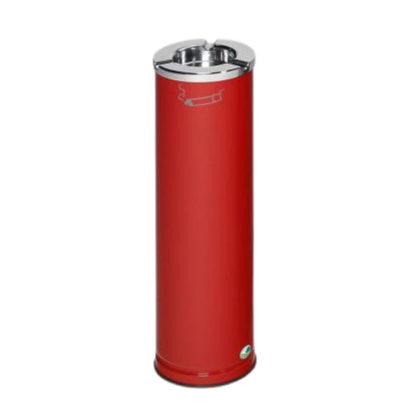 Roter zylindrischer Standaschenbecher aus Metall mit silberfarbenem Einsatz und Zigarettensymbol.
